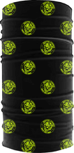 Load image into Gallery viewer, Stretched out view of Deceitful Strength Neck Gaiter Face Mask. Gaiter Monkey design featuring black base with multiple checkered infamous monkey head logos in neon yellow.